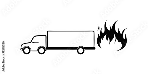 A detailed black and white illustration of a large lorry engulfed in flames