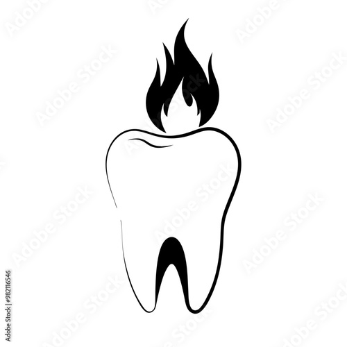 Illustration in black and white showing a tooth on fire