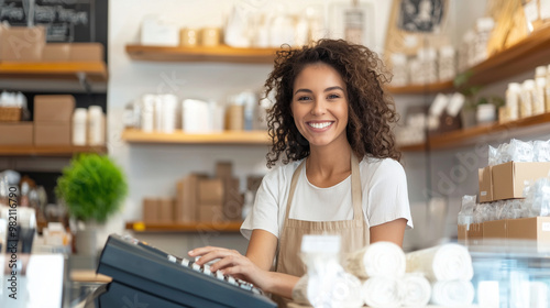 smiling small business owner, standing behind the counter at a cozy shop, processes a sale at a modern cash register. The background shows shelves filled with neatly arranged produ photo