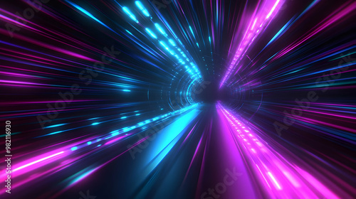 Abstract 3D Render of Blue and Purple Neon Lights in a Tunnel