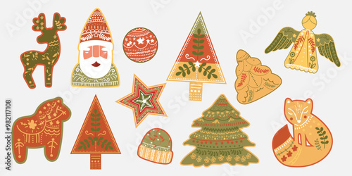 Set of decorative christmas element folk art design vector. Collection of reindeer, santa, christmas tree, fox, angel, hat. Illustration design for sticker, card, poster, invitation, greeting.