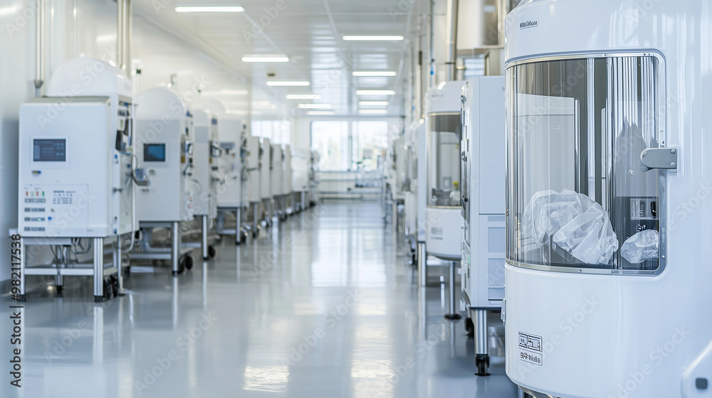clean, high-tech biotechnology lab featuring bioprocessing systems. The lab should include flexible bioreactors and automated systems designed for various types of biological manuf clean, high-tech biotechnology lab featuring bioprocessing systems. The lab should include flexible bioreactors and automated systems designed for various types of biological manuf