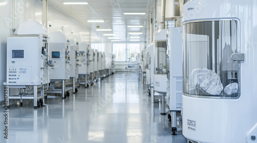 clean, high-tech biotechnology lab featuring bioprocessing systems. The lab should include flexible bioreactors and automated systems designed for various types of biological manuf