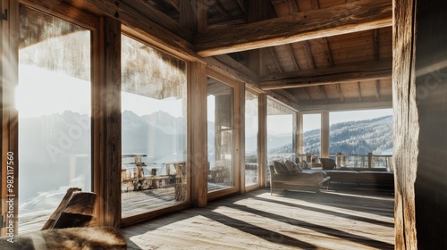 Sunlit wooden chalet with large windows offering a stunning view of snowy mountains, designed for comfort and relaxation.