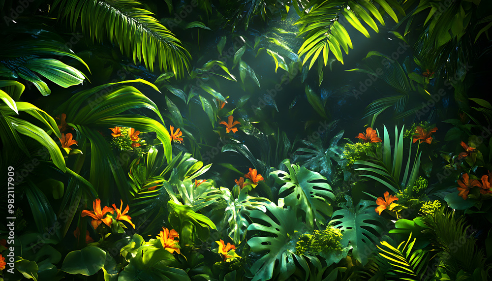 A lush jungle scene with vibrant green leaves and exotic flowers, bringing the warmth of the tropics to your screen A lush jungle scene with vibrant green leaves and exotic flowers, bringing the warmth of the tropics to your screen