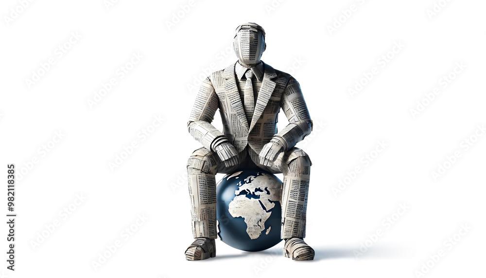 Fototapeta premium businessman salary man investor sit on the globe made from newspaper origami.
