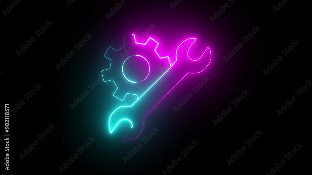 Glowing neon line setting icon with spinning gears icon animated. Technology setting icon concept.