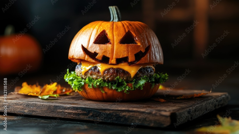 Frightening pumpkin-shaped burger resting on a rustic wooden board, ready for a Halloween party feast. A unique food concept to celebrate spooky festivities. Frightening pumpkin-shaped burger resting on a rustic wooden board, ready for a Halloween party feast. A unique food concept to celebrate spooky festivities.