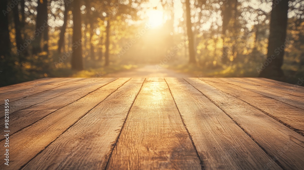 Sunrise view over wooden table in forest, with blurred trees in background creating serene natural atmosphere. Sunrise view over wooden table in forest, with blurred trees in background creating serene natural atmosphere.