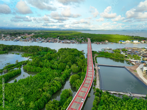 Aerial landscape of Pak Nam Prasae estuary in Rayong, Thailand. Fishing community, mangrove forest, and river showcase sustainable ecotourism and net-zero travel in a biodiverse coastal ecosystem. photo