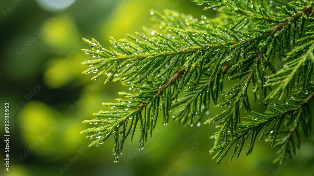 Green asparagus sprengeri tree with morning dew clinging to its delicate needle-like leaves, highlighting the fresh, natural beauty of the plant. Green asparagus sprengeri tree with morning dew clinging to its delicate needle-like leaves, highlighting the fresh, natural beauty of the plant.
