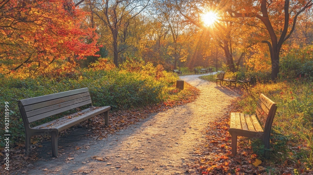 Tranquil park trail adorned with benches, surrounded by vibrant autumn foliage bathed in serene sunlight. Tranquil park trail adorned with benches, surrounded by vibrant autumn foliage bathed in serene sunlight.