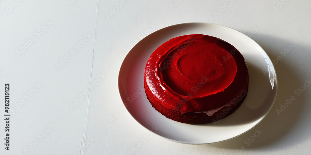 plain red velvet cake in white plate with copy text space on left side isolated on white plain red velvet cake in white plate with copy text space on left side isolated on white