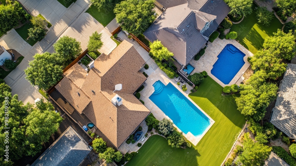 Upscale homes with swimming pools and fenced backyards are located in a residential neighborhood near a golf course in East Plano, Texas. Upscale homes with swimming pools and fenced backyards are located in a residential neighborhood near a golf course in East Plano, Texas.