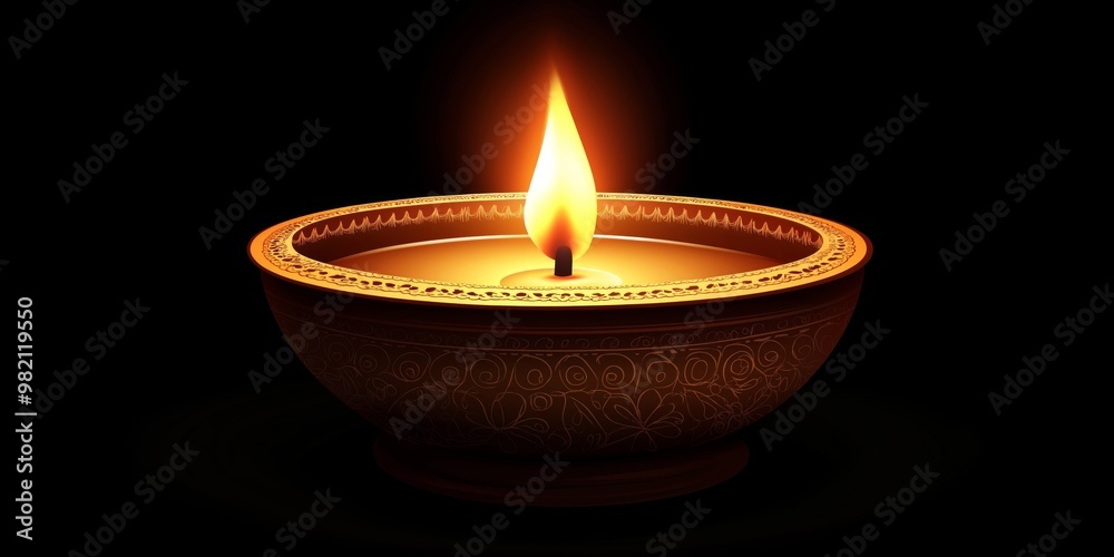 A beautifully decorated Indian oil lamp with a single glowing flame, set against a dark background, perfect for Diwali celebrations and symbolizing light, spirituality, and tradition A beautifully decorated Indian oil lamp with a single glowing flame, set against a dark background, perfect for Diwali celebrations and symbolizing light, spirituality, and tradition