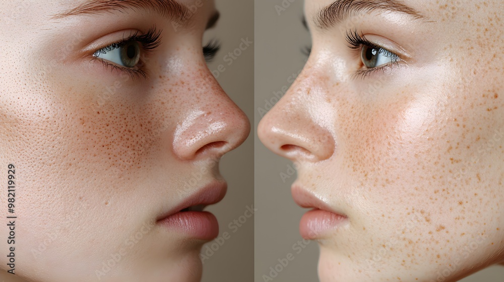 Obraz premium Before-and-after close-up of nose and chin, emphasizing the removal of blackheads and smoother skin texture, High-Resolution, Realistic Detail