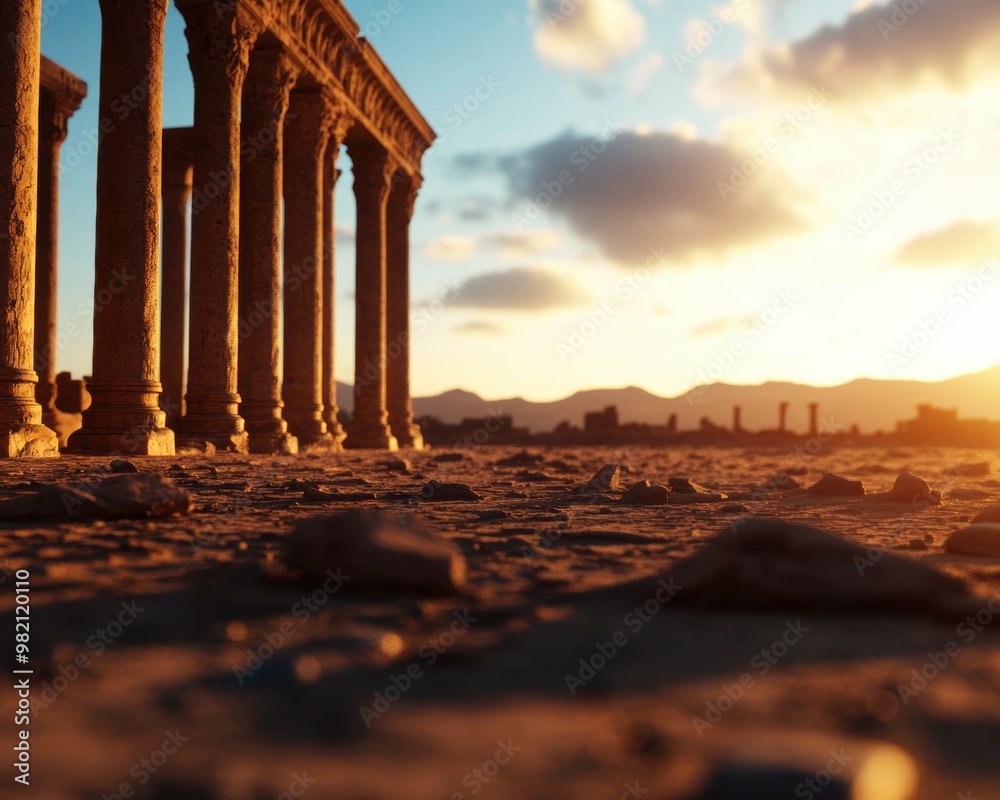Fototapeta premium Ancient ruins with majestic columns at sunset, showcasing timeless beauty and rich history in a serene landscape.