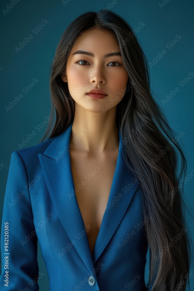Ambitious and assertive Asian businesswoman in a blue suit, displaying a focused and determined expression. She projects confidence and authority, ready to take on leadership roles.