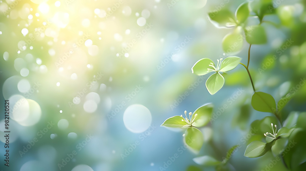 Green Leaves and White Flowers in a Blurred Background of Blue and Green with a Soft, Sunlit Bokeh Effect Green Leaves and White Flowers in a Blurred Background of Blue and Green with a Soft, Sunlit Bokeh Effect