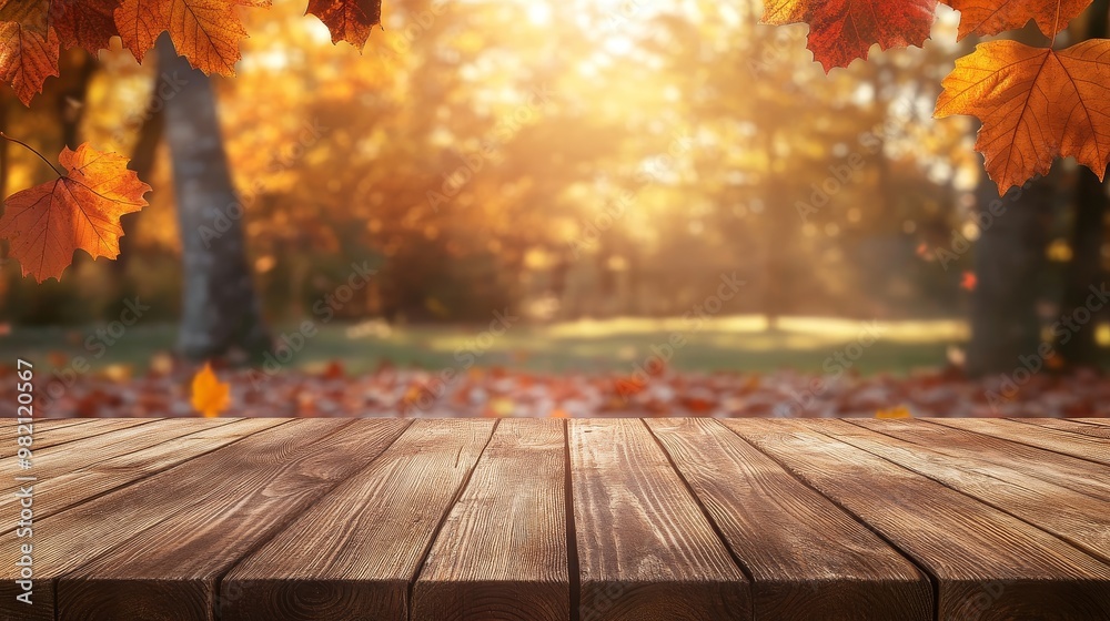 Fototapeta premium Wooden table with autumn leaf background