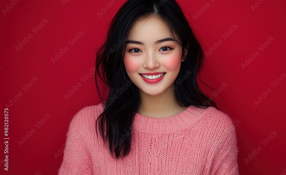 An Asian woman in a red attire stands against a matching red background, exuding warmth and friendliness, perfect for red-themed marketing campaigns. An Asian woman in a red attire stands against a matching red background, exuding warmth and friendliness, perfect for red-themed marketing campaigns.