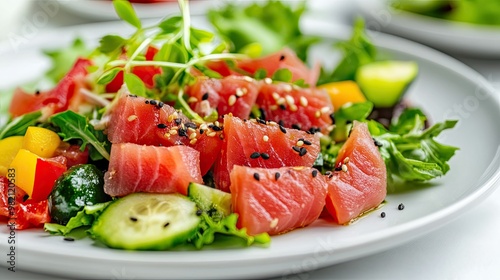 Healthy meal featuring raw tuna and a mixed vegetable salad, beautifully presented on a white plate with fresh greens and a clean backdrop.