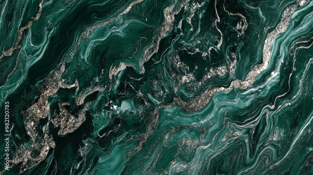 Obraz premium Deep forest green liquid marble with shimmering silver veins flowing fluidly, creating a rich and sophisticated design.