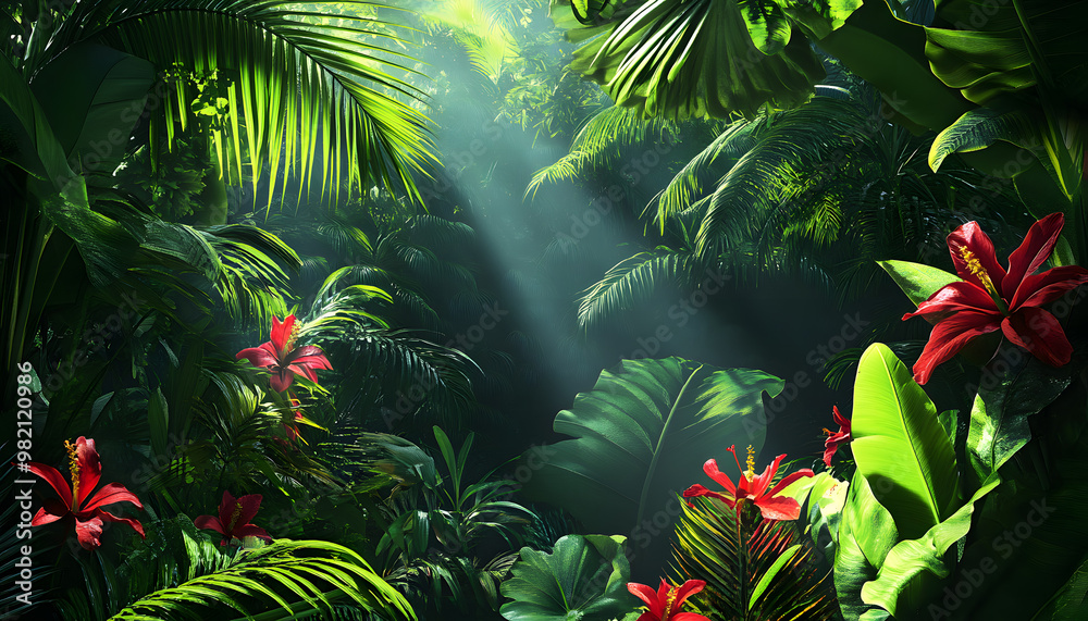A lush jungle scene with vibrant green leaves and exotic flowers, bringing the warmth of the tropics to your screen A lush jungle scene with vibrant green leaves and exotic flowers, bringing the warmth of the tropics to your screen