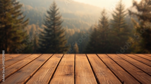 Wooden deck with a serene mountain forest backdrop  capturing the essence of nature and tranquility on a sunny day.