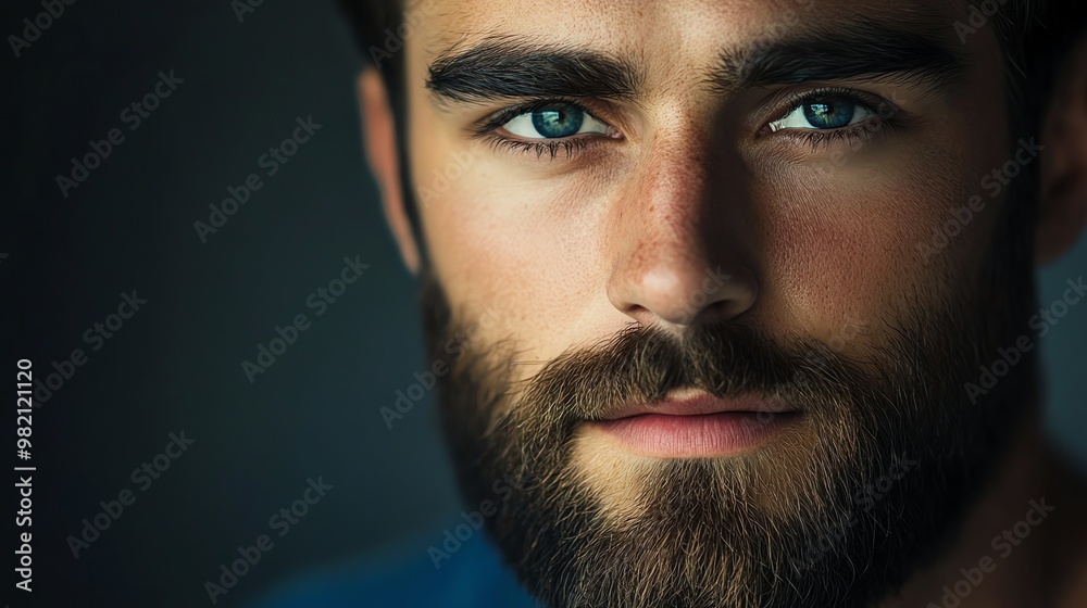 Close up portrait of a man with a beard, looking directly at the camera. Close up portrait of a man with a beard, looking directly at the camera.