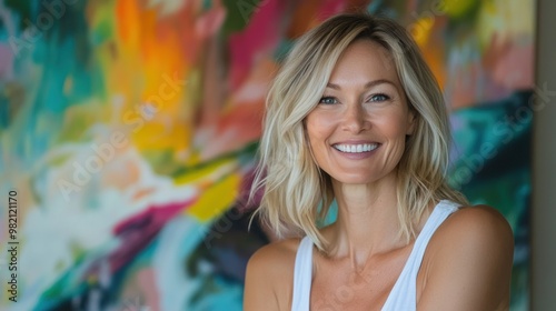 Joyful caucasian blonde woman is surrounded by vibrant marble texture colorful background and some.bokeh lights, her smile full of energy. The playful scene fits themes of celebration and fun.