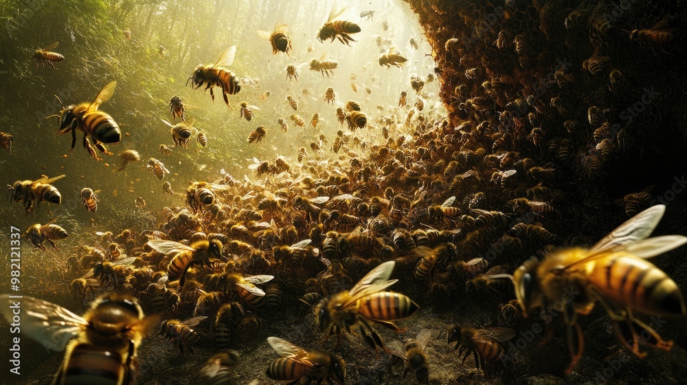 Fototapeta premium Heavily populated honey bee colony with bees swarming around the entrance, filling the spring air with their buzzing wings and lively movement.