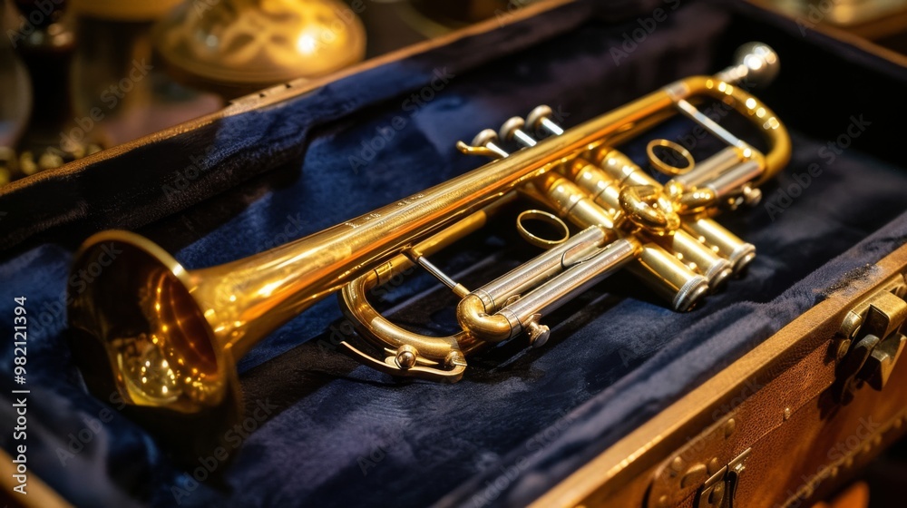 Obraz premium Golden Trumpet in Case - Musical Instrument