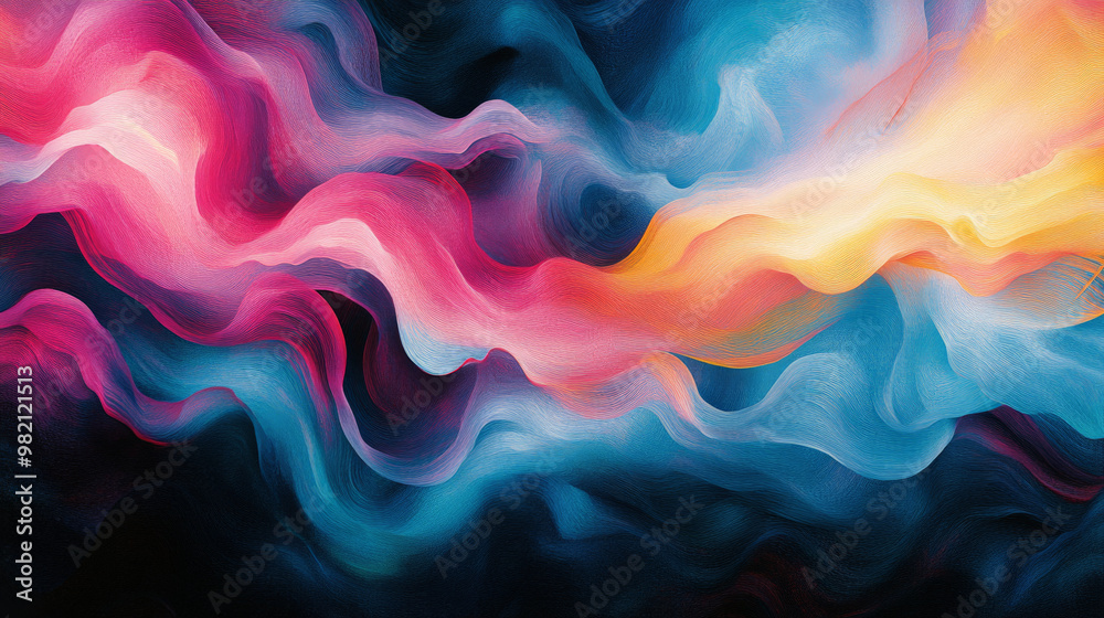 Fototapeta premium Bright and wavy lines in shades of pink, blue, and yellow flowing across a dark background, creating an abstract, energetic feel.