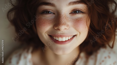 Close-up portrait of a young woman with freckles, smiling.