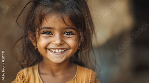 A little girl with big brown eyes smiles brightly.