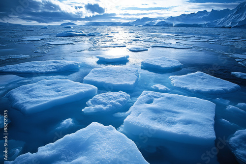 A melting ice sheet in the Arctic with water levels rising, symbolizing the effects of global warming and the urgent need to address climate change to protect our planet's future.