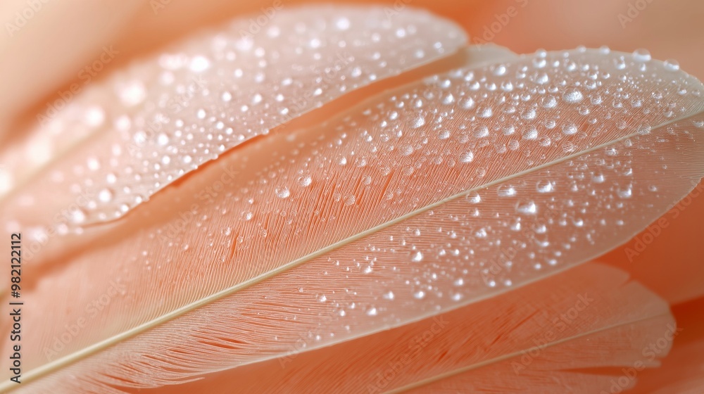 Obraz premium Close-up macro shot of soft peach-colored feathers with water droplets, creating a delicate and serene texture