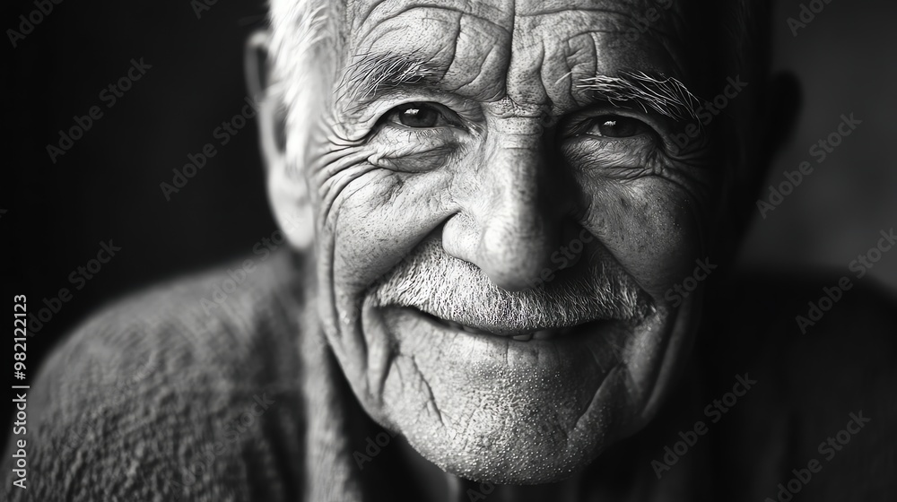A black and white portrait of an elderly man smiling. A black and white portrait of an elderly man smiling.