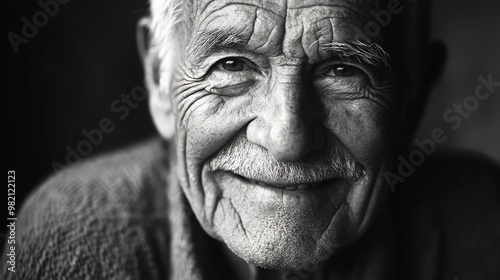 A black and white portrait of an elderly man smiling.