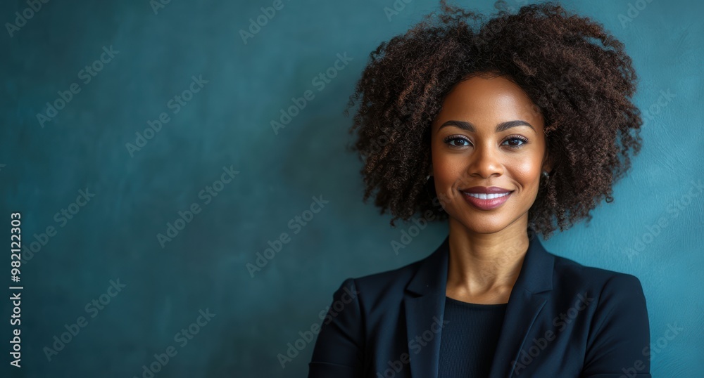 Obraz premium A confident woman in a dark blue suit stands smiling against a vibrant turquoise background, exuding professionalism and positive energy.