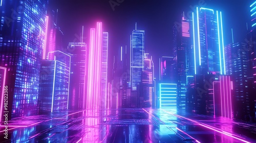 A futuristic cityscape with neon lights.