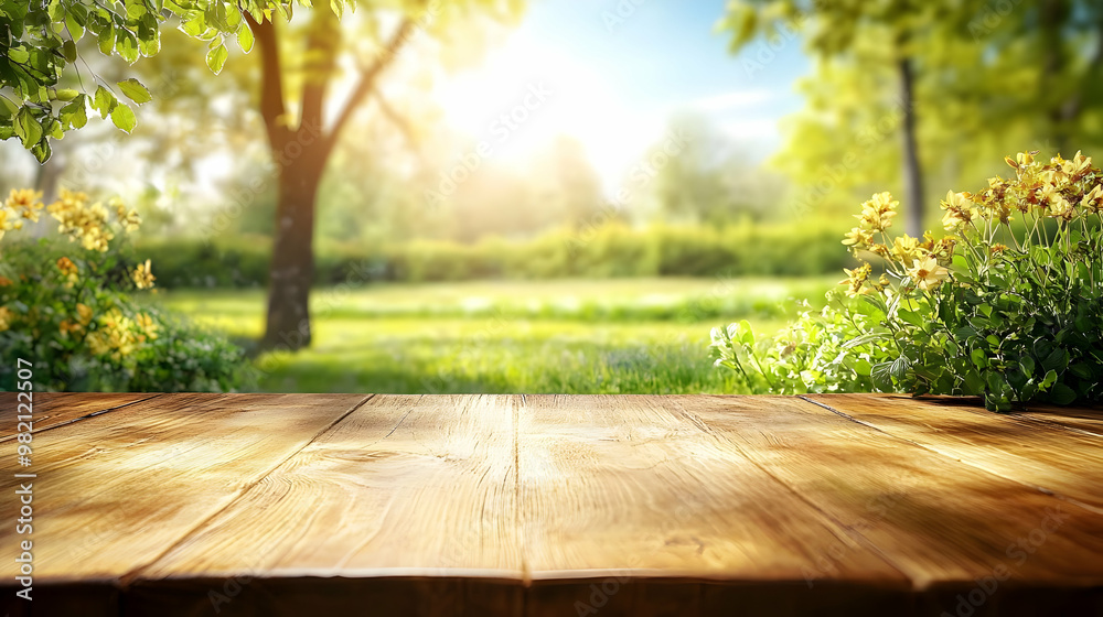 Wooden Tabletop with Blurred Garden Background of Green Trees and Yellow Flowers