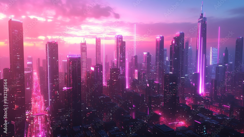 A futuristic cityscape with a vibrant pink and purple glow, showcasing a mix of cyberpunk and neon aesthetics. A futuristic cityscape with a vibrant pink and purple glow, showcasing a mix of cyberpunk and neon aesthetics.