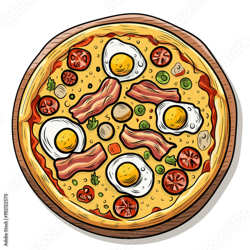 Pizza with bacon, fried eggs, tomatoes and herbs, top view. Vector illustration.