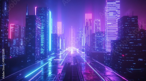 Futuristic city with neon lights and glowing skyscrapers.