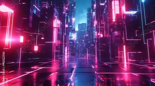 A futuristic city with glowing neon lights, reflecting on the shiny floor.