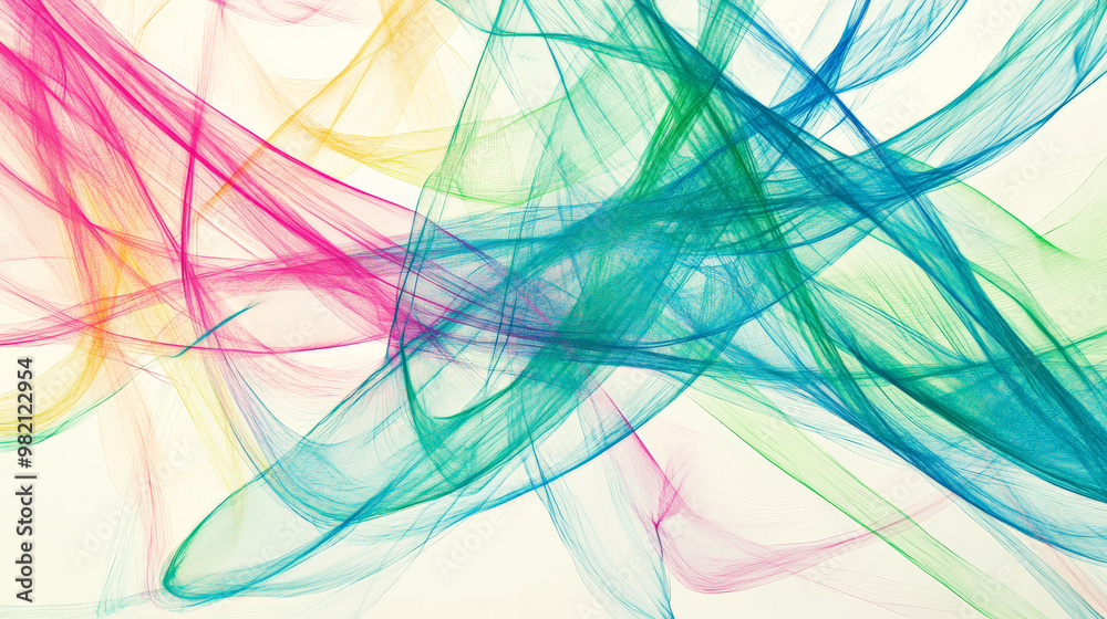 Thin, colorful lines in vibrant shades of green, blue, and pink, crisscrossing against a white background, forming a web-like abstract design. Thin, colorful lines in vibrant shades of green, blue, and pink, crisscrossing against a white background, forming a web-like abstract design.