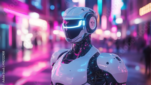 A futuristic robot standing in a neon-lit city.