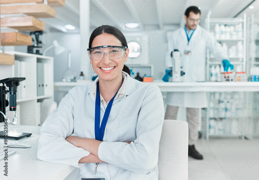 Woman, portrait and confident in lab for science, chemical engineering and research with tech. Happy, scientist and arms crossed in office with PPE, medical knowledge or medicine development in study Woman, portrait and confident in lab for science, chemical engineering and research with tech. Happy, scientist and arms crossed in office with PPE, medical knowledge or medicine development in study